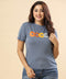 Floral Stencil Printed Crew Neck Blue Tshirt